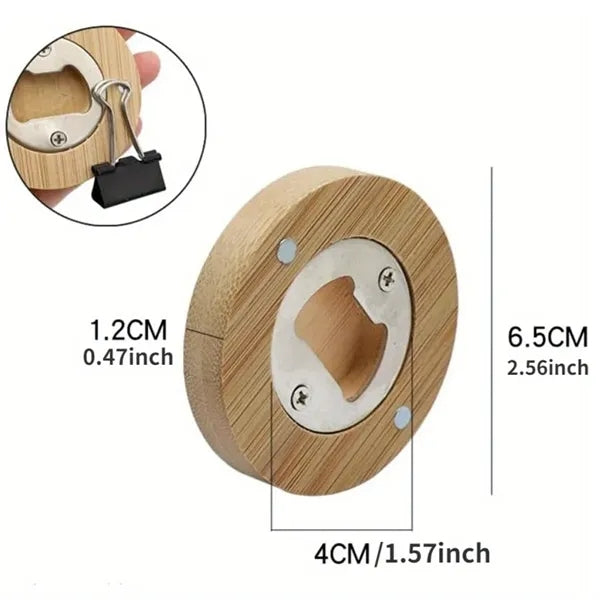 Wooden Round Beer Stainless Steel Magnetic Bottle Opener