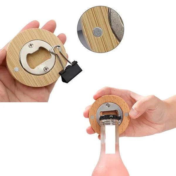 Wooden Round Beer Stainless Steel Magnetic Bottle Opener