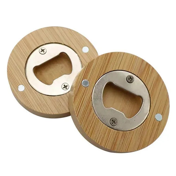 Wooden Round Beer Stainless Steel Magnetic Bottle Opener