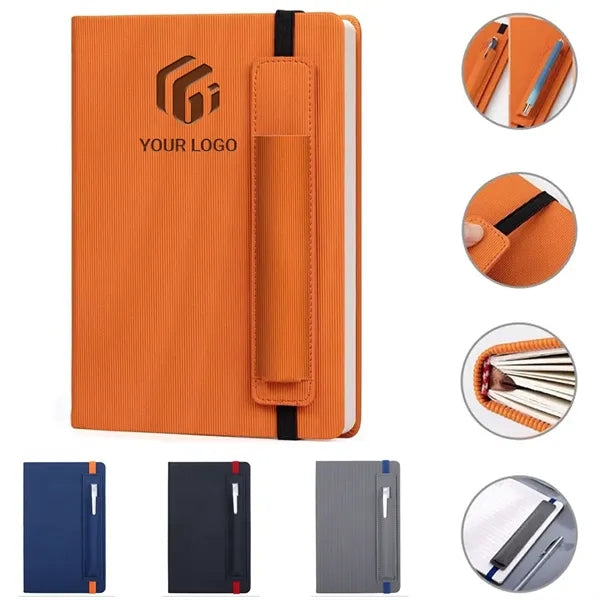 A5 Stripe Leather Business School Notebook with Pen Cover