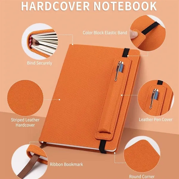 A5 Stripe Leather Business School Notebook with Pen Cover