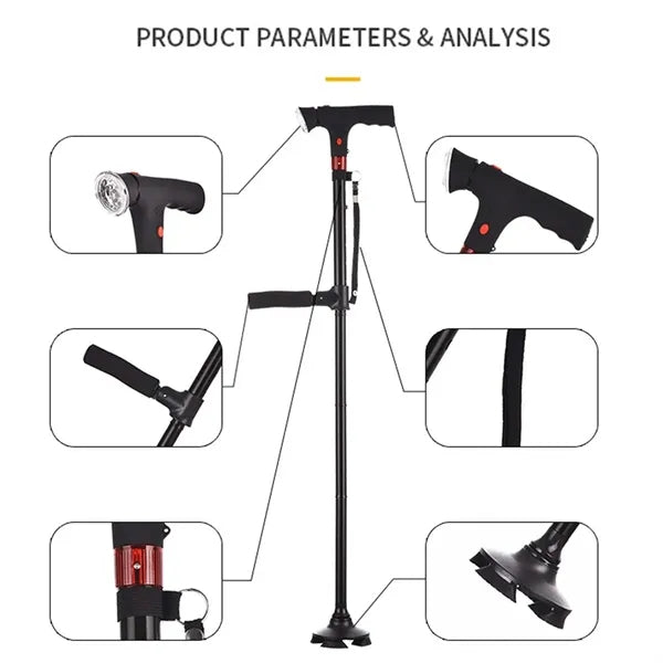 Retractable Double Handles Elderly Cane with LED Light