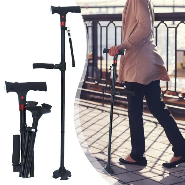 Retractable Double Handles Elderly Cane with LED Light