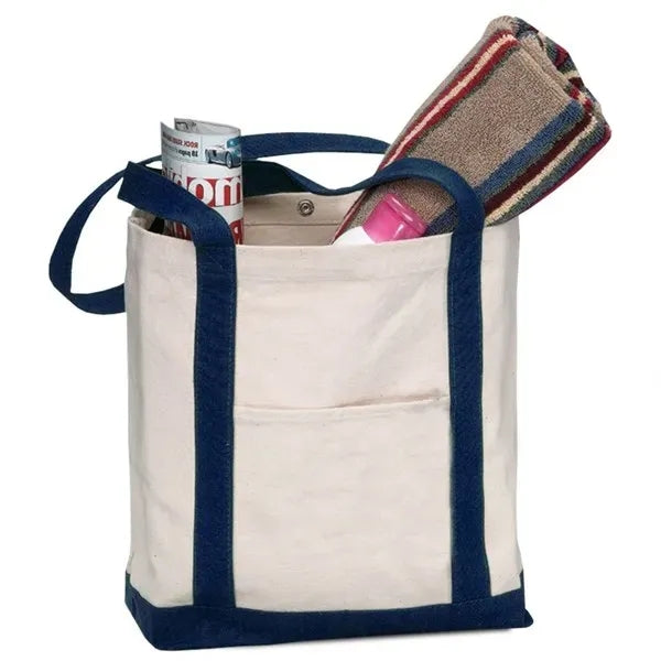 TWO TONE CANVAS BOAT TOTE BAG WITH SNAP CLOSURE - 17"X13"X5"