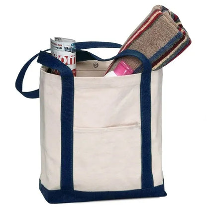 TWO TONE CANVAS BOAT TOTE BAG WITH SNAP CLOSURE - 17"X13"X5"