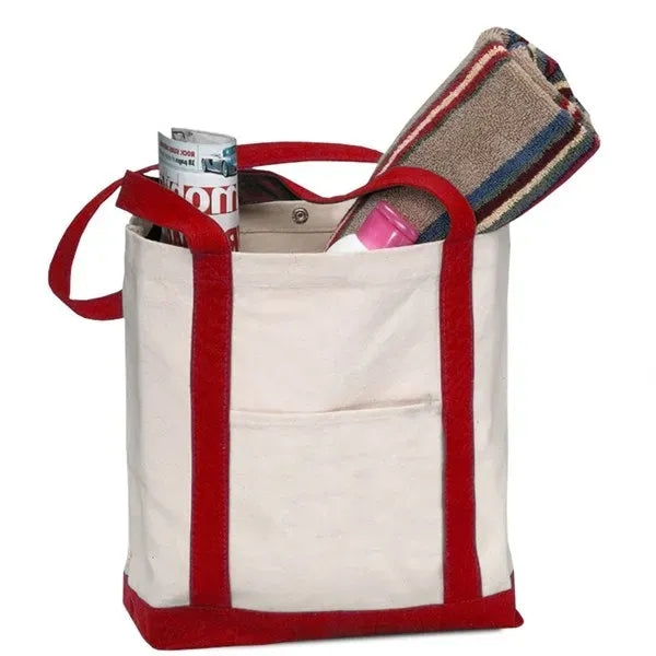 TWO TONE CANVAS BOAT TOTE BAG WITH SNAP CLOSURE - 17"X13"X5"