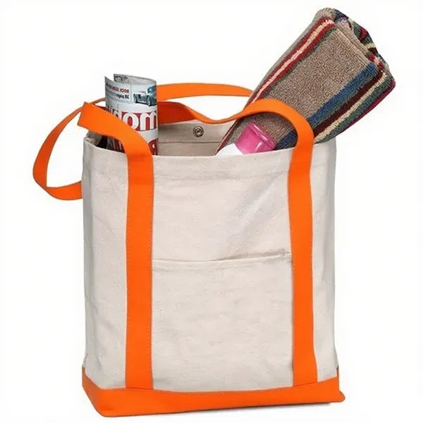 TWO TONE CANVAS BOAT TOTE BAG WITH SNAP CLOSURE - 17"X13"X5"