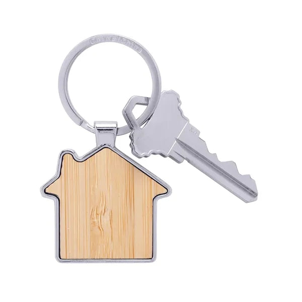 Bamboo & Metal House Keychain