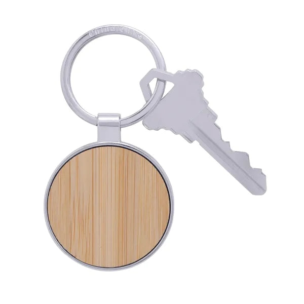 Bamboo & Metal Round Keychain