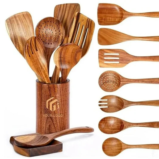 Cooking gadgets spoons 9 piece wooden kitchen utensil set