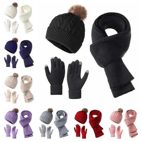 3 Piece Women Pom Pom Hat Knitted Scarf Snow Gloves Set