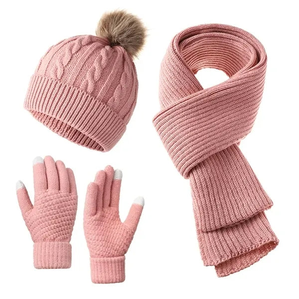 3 Piece Women Pom Pom Hat Knitted Scarf Snow Gloves Set