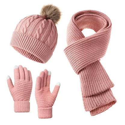 3 Piece Women Pom Pom Hat Knitted Scarf Snow Gloves Set