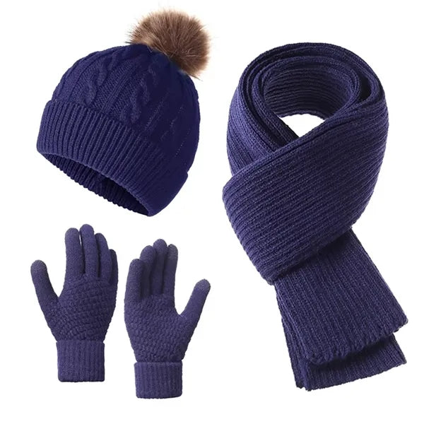 3 Piece Women Pom Pom Hat Knitted Scarf Snow Gloves Set