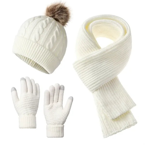 3 Piece Women Pom Pom Hat Knitted Scarf Snow Gloves Set