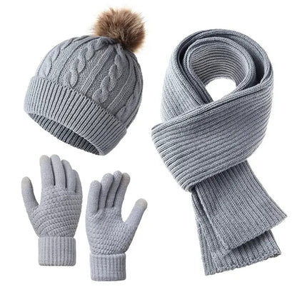 3 Piece Women Pom Pom Hat Knitted Scarf Snow Gloves Set