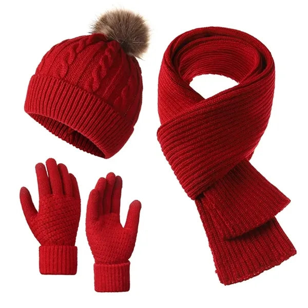 3 Piece Women Pom Pom Hat Knitted Scarf Snow Gloves Set