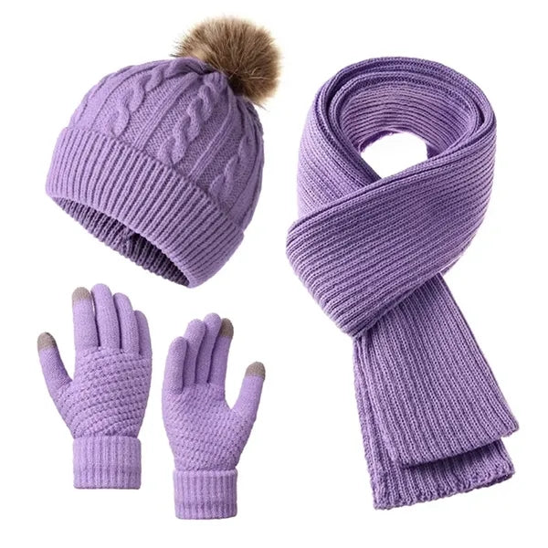 3 Piece Women Pom Pom Hat Knitted Scarf Snow Gloves Set