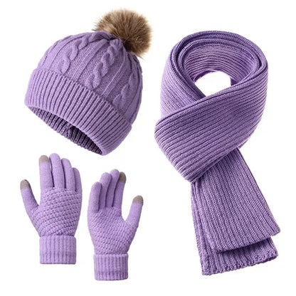 3 Piece Women Pom Pom Hat Knitted Scarf Snow Gloves Set