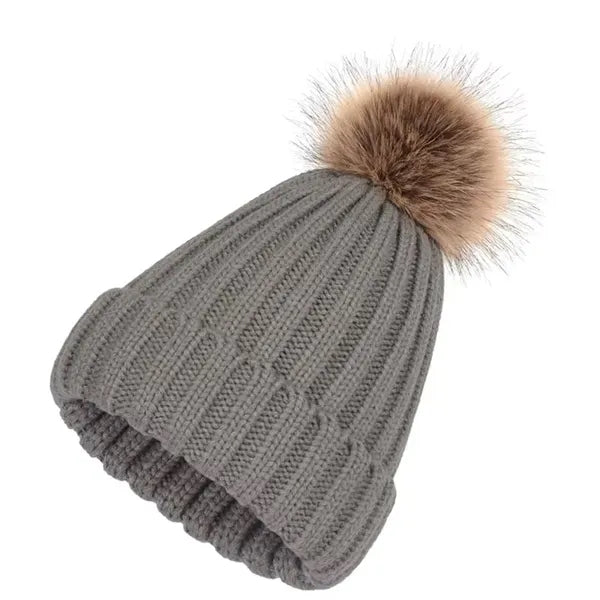 Womens Winter Knitted Beanie Hat with Faux Fur Pom
