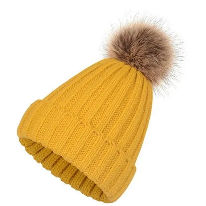 Womens Winter Knitted Beanie Hat with Faux Fur Pom