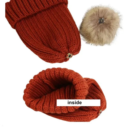 Womens Winter Knitted Beanie Hat with Faux Fur Pom