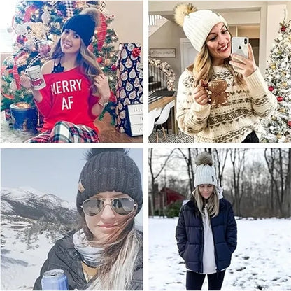 Womens Winter Knitted Beanie Hat with Faux Fur Pom