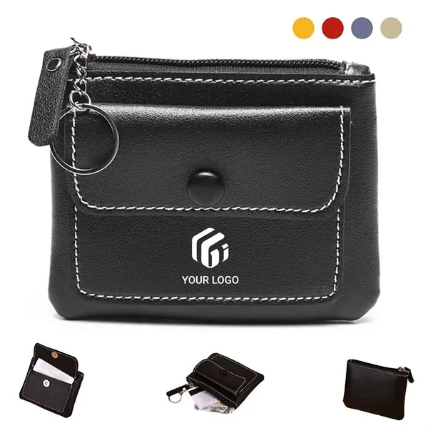 Travel PU leather small pouch zipper coin purse with keyring