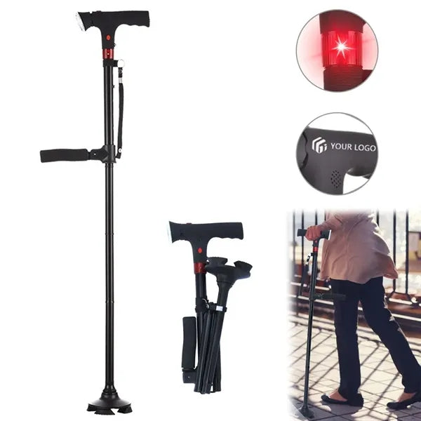 Retractable Double Handles Elderly Cane with LED Light