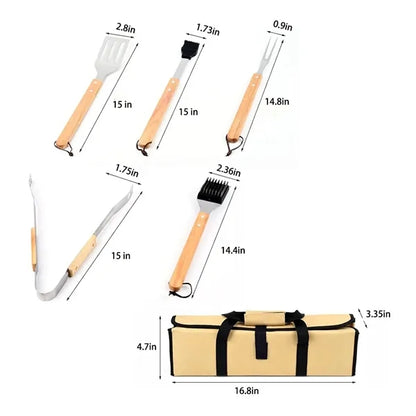 5Pcs BBQ Grill Tools Set with Wooden Handles