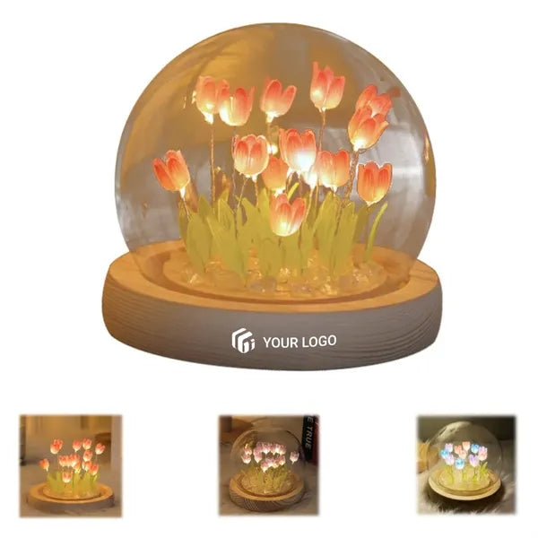 Romantic gifts DIY glass tulip night light with wooden base
