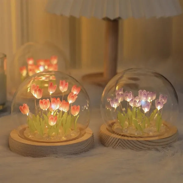 Romantic gifts DIY glass tulip night light with wooden base