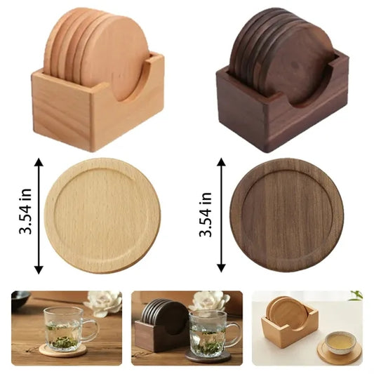 6-Piece Heat-Resistant Round Wood Coasters with Holder