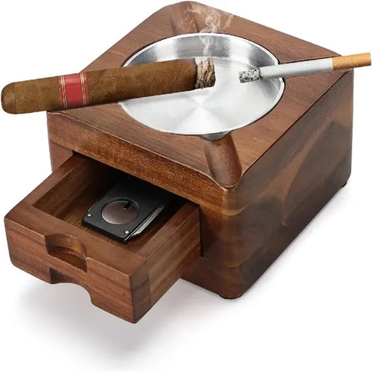 Wooden Cigar Ashtray with Drawer