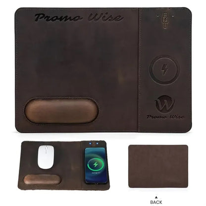 Genuine Leather Wireless Charging Mouse Pad with Wrist Rest