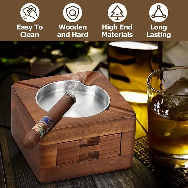 Wooden Cigar Ashtray with Drawer