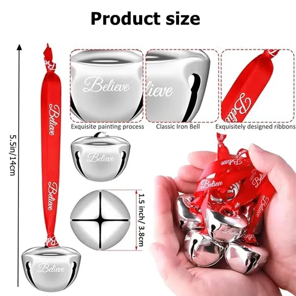 Believe Sleigh Bell Ornament Red Ribbon Mini Jingle Bell Set