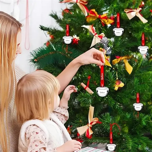 Believe Sleigh Bell Ornament Red Ribbon Mini Jingle Bell Set