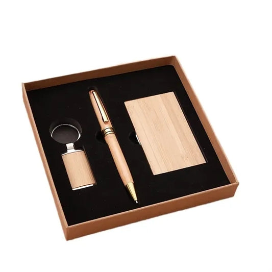 Bamboo Gift Set with Pen Business Card Holder and Keychain