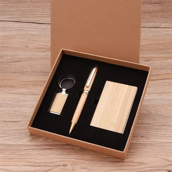 Bamboo Gift Set with Pen Business Card Holder and Keychain