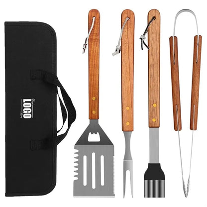 4 Piece Wooden BBQ Grill Tool Set with Carrying Bag
