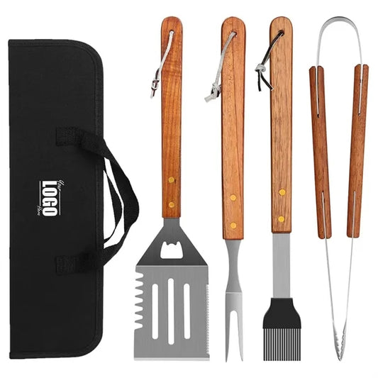 4 Piece Wooden BBQ Grill Tool Set with Carrying Bag