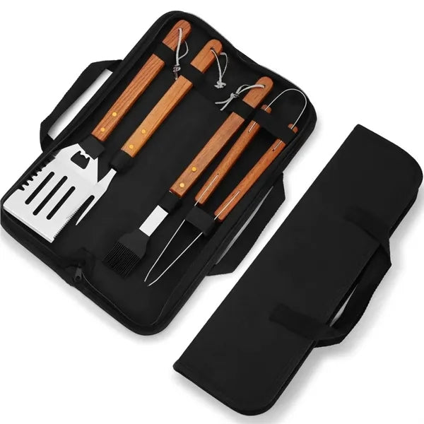 4 Piece Wooden BBQ Grill Tool Set with Carrying Bag