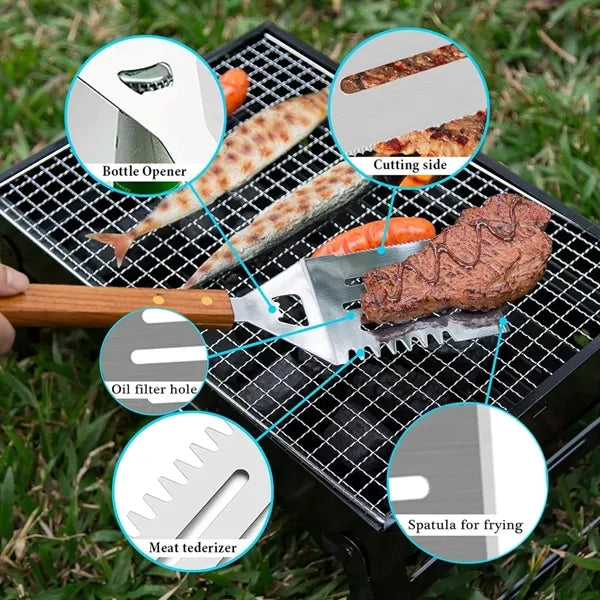 4 Piece Wooden BBQ Grill Tool Set with Carrying Bag