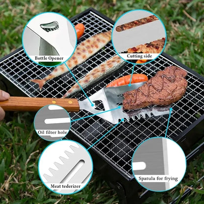 4 Piece Wooden BBQ Grill Tool Set with Carrying Bag