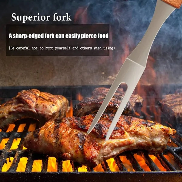 4 Piece Wooden BBQ Grill Tool Set with Carrying Bag