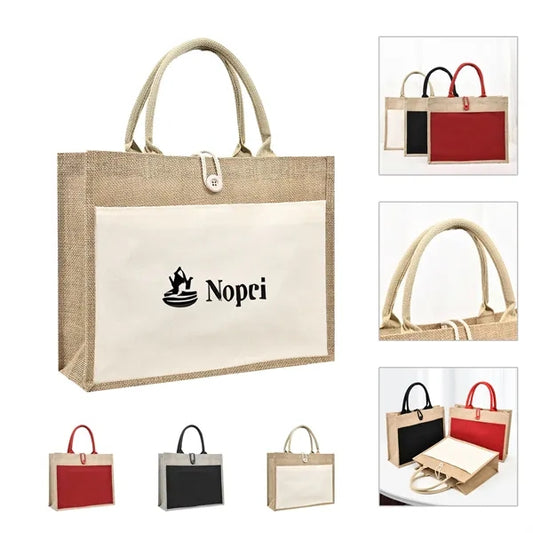 Burlap Jute Shopping Tote Bag W/Pocket Front
