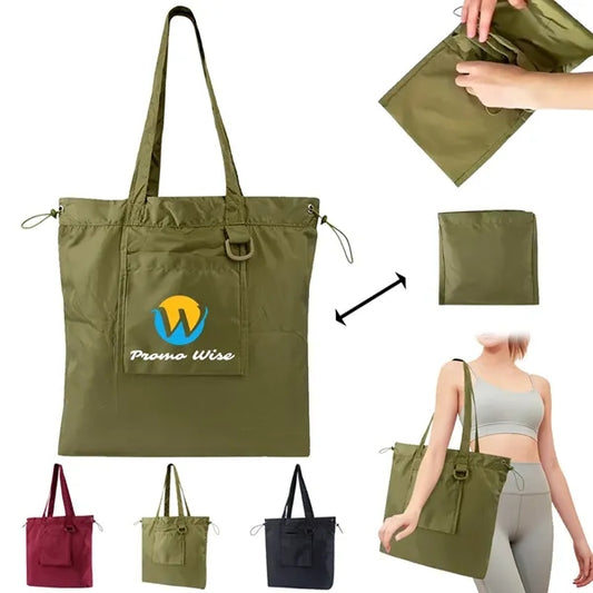 Spacious Foldable Dual-Pocket Drawstring Closure Tote Bag
