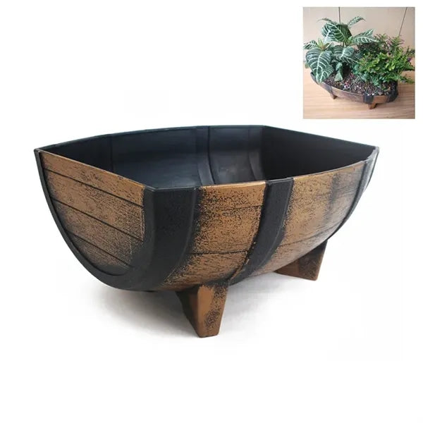 Rectangular Half Barrel Faux Wood Flower Planter