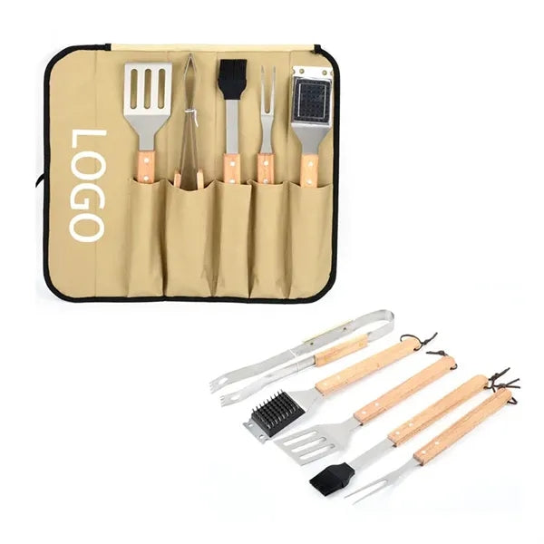 5Pcs BBQ Grill Tools Set With Wooden Handles